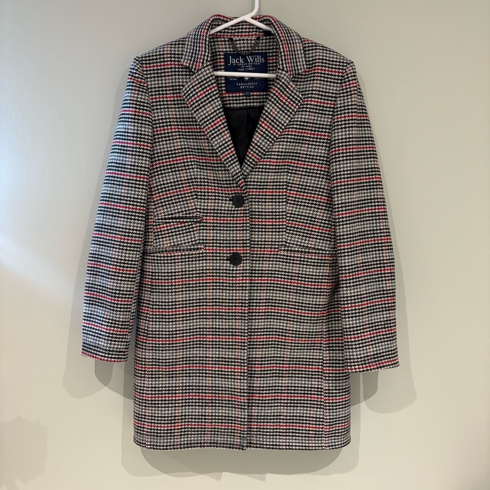 Jack Wills Women's Plaid Jacket - Black, White, and Red US6